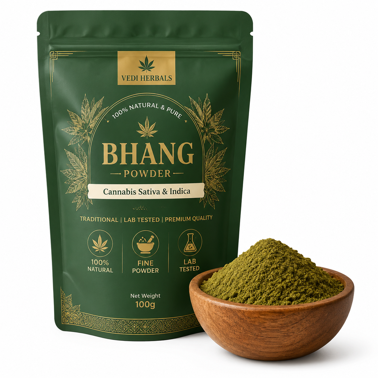 Organic Bhang Powder for Cannabis Sativa & India - Natural, Lab Tested, 100g.