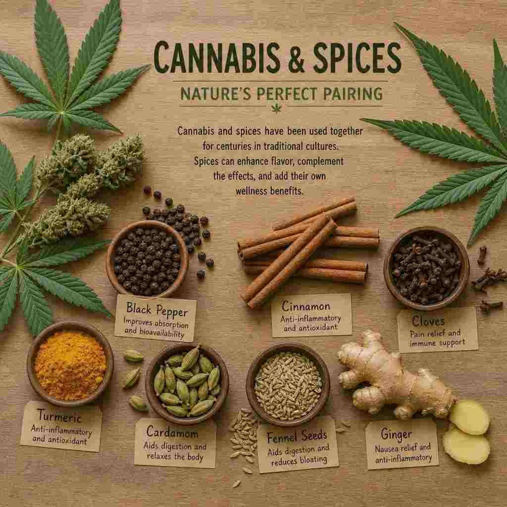 Traditional cannabis leaves and spices arranged for an educational article